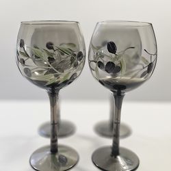 Set of 4 Hand-Painted Olive Branch Wine Glasses – Smokey Tinted Stemware