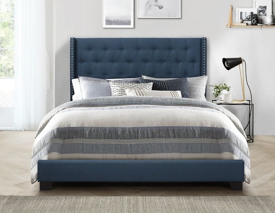 Upholstered Wingback Panel Bed - Blue - Queen