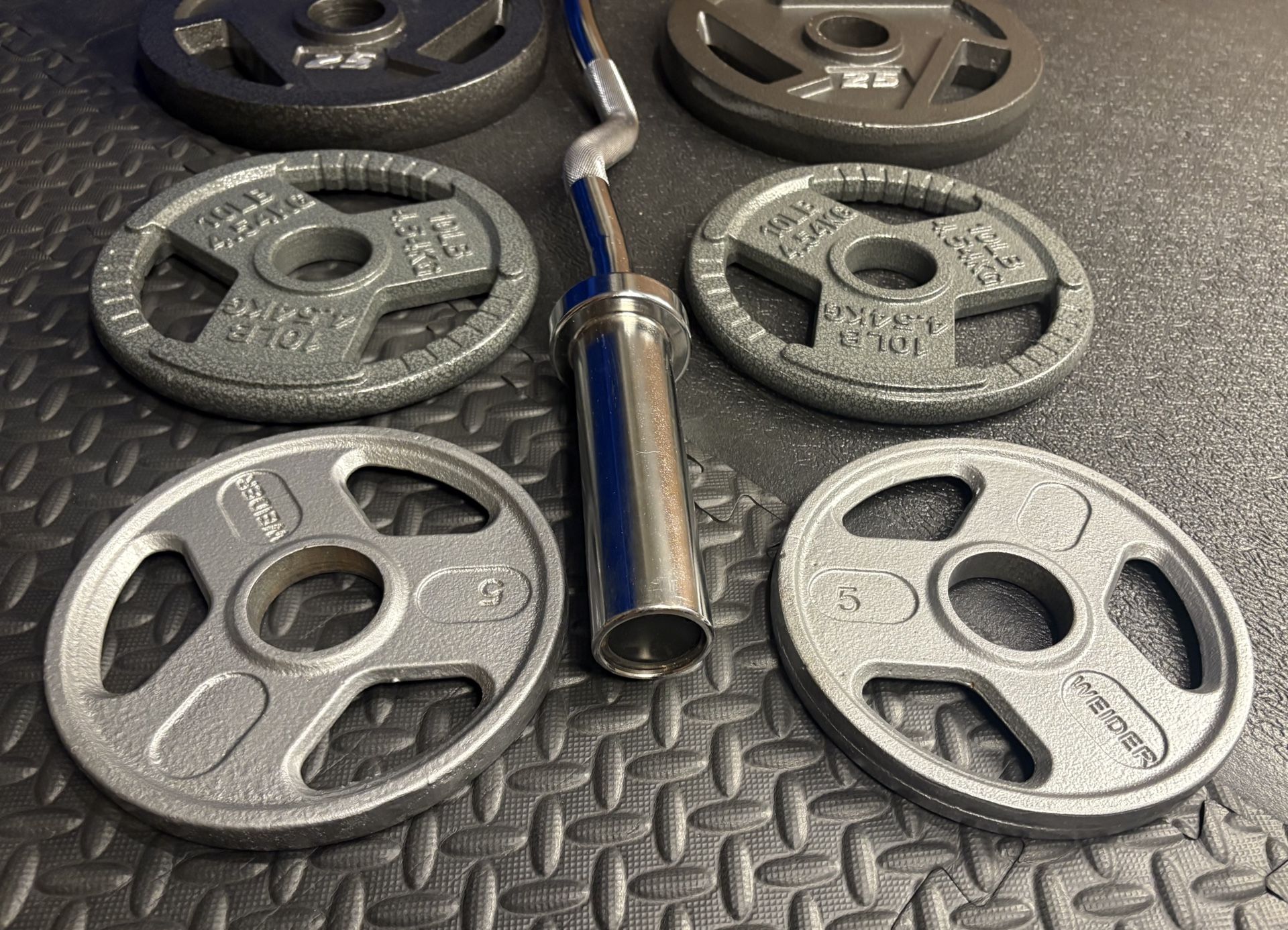 NEW Olympic Equipment Curl Bar of 20# with Cooper Bearings and Plates 2X35s, 2X25s, 2X10s and 2X5s pounds. Brute 170#