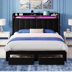 Velvet Queen Platform Bed Frame with 2-Tier LED Storage Headboard & 2 Storage Drawers, USB & Type-C Charging Ports, Black X-10