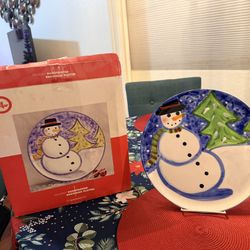 Hand painted Snowman Plate With Stand Like New
