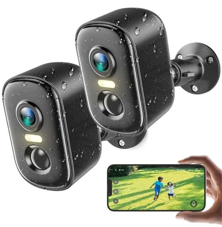 2513: BRAND NEW 2K Security Cameras Wireless Outdoor, 2 Pack Battery Powered WiFi Cameras for Home Security with AI Motion Detection, Spotlight Color