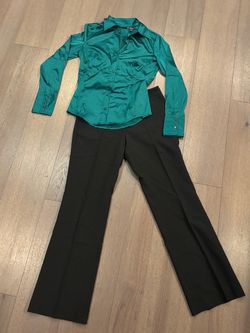 Green Satin Blouse and Black Dress Pants Set
