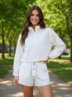 Alo White Quarter-Zip Pullover and Shorts Set
