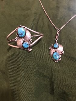 Vintage Navajo Sterling Silver Turquoise Bracelet Necklace Set