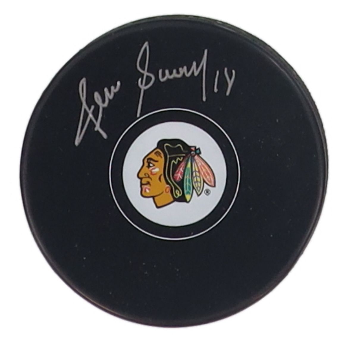 Denis Savard Signed Chicago Blackhawks Logo Puck–Schwartz COA– NHL Hall of Famer