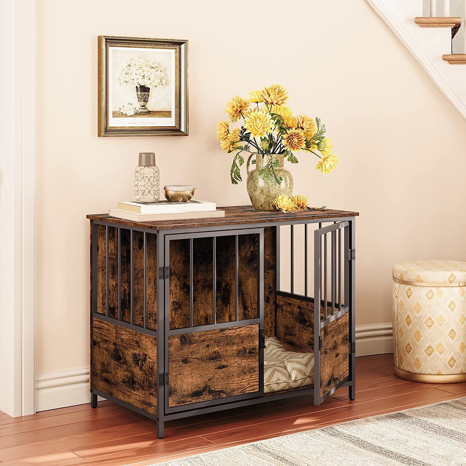 Wooden Dog Crate, Small Dog Kennel bedside Table, Indoor Pet House with Metal Mesh Door and Lock, Retro Style 