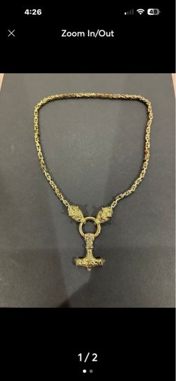 Gold Chain Thor’s Hammer Mjölnir Pendant w/Gold Wolf Heads