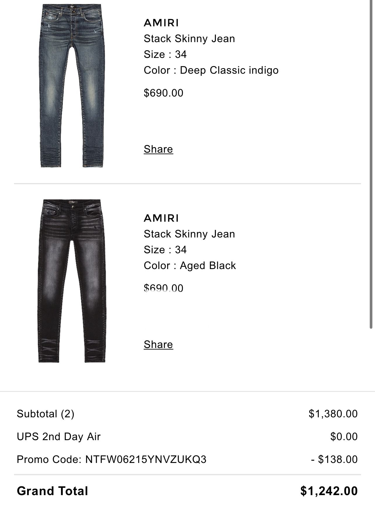 Brand New Amiri Size 34 Jeans With Tags