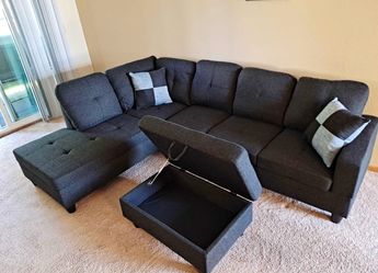 Charcoal linen sectional couch and ottoman