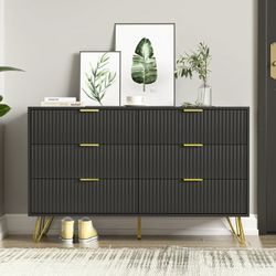 FURNIWAY Black Dresser, Modern 6-Drawer Dresser for Bedroom with Gold Handles, Wide Chest of Drawers