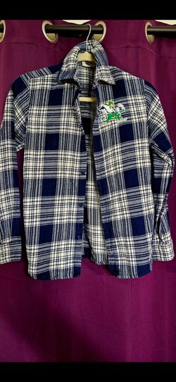 Notre Dame Plaid Button Front LS Shirt w/symbol in front/back, sz M, firm.