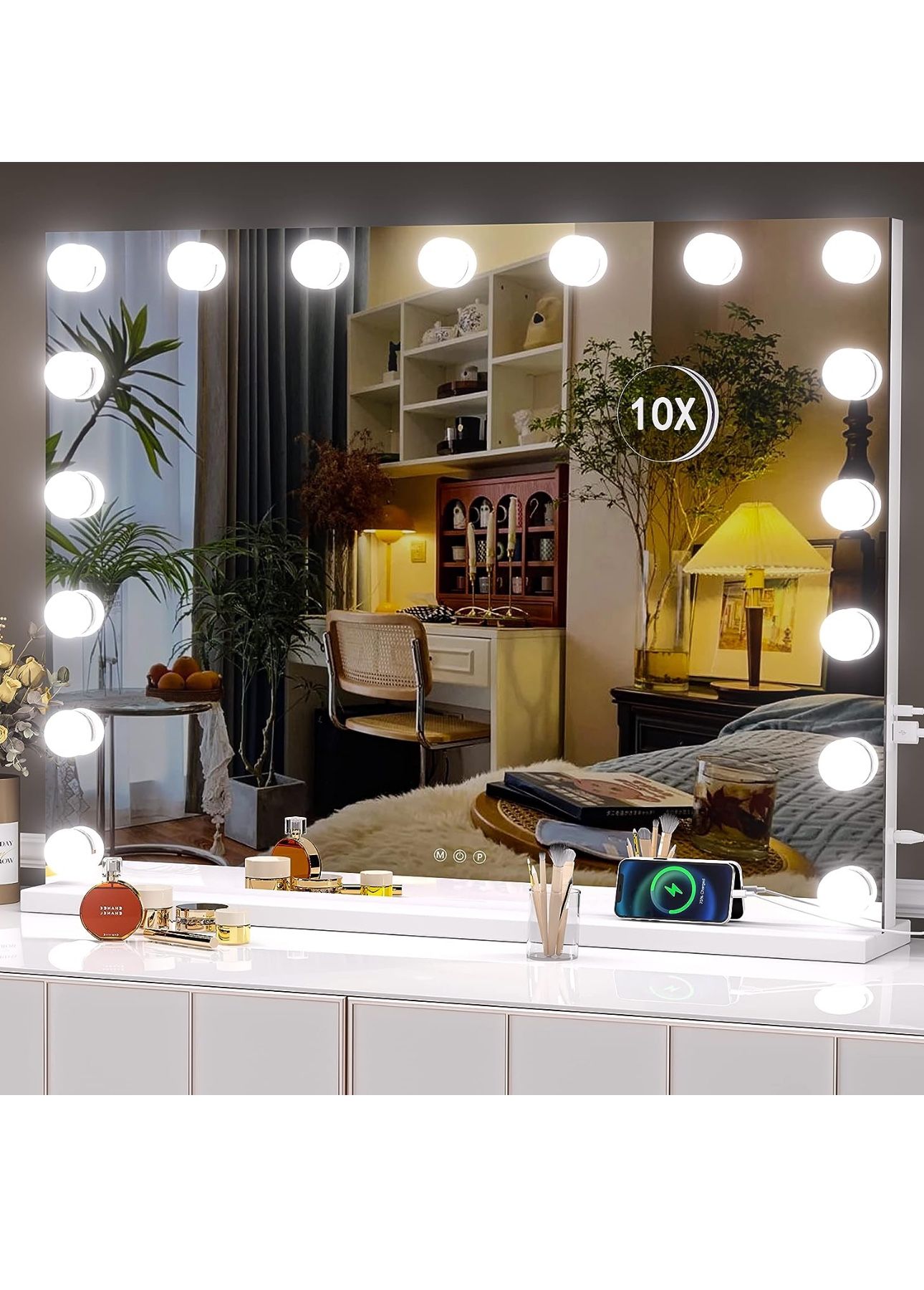 Hasipu Vanity Mirror with Lights, 31.5" x 23.6" Hollywood Mirror, Makeup Mirror with 17 Dimmable Bulbs and 10X Magnification, 3 Colors Modes, Touch Co
