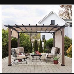 11ft X 11ft Sunjoy Neuralia 11 ft. x 11 ft. Steel Pergola with Natural Wood Looking Finish and Adjustable Tan Shade!! !