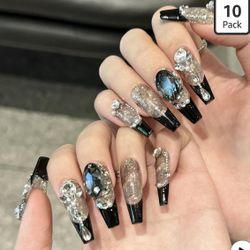 NEUQL Handmade Press-On Nails – Long Square, Reusable, Stick-On Fake Nails, Luxury Elegant Sexy Style, Black, Medium, Includes Nail Glue