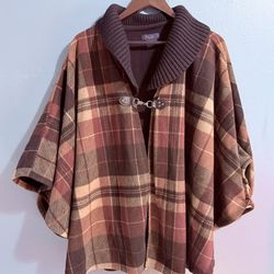 Rachel Roy Women's Collar wrap Fleeced Cape Plaid flannel Brown Red And Tan