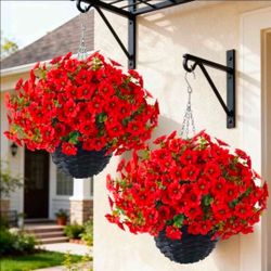 2 Sets Artificial Morning Glory and Eucalyptus Hanging Basket for Outdoor, UV-Resistant Fake Flower Hanging Basket, Suitable for Porch, Aisle, Garden,