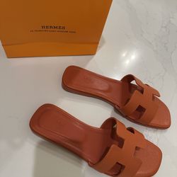 Hermes Orange Sandals Leather Size 9 39 With Bag 