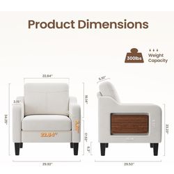 Brand New Accent Chair for Living Room with Foldable Table, 2 Side Pockets, Modern Linen Upholstered Armchair Side Wooden Fabric Chairs for Living Roo