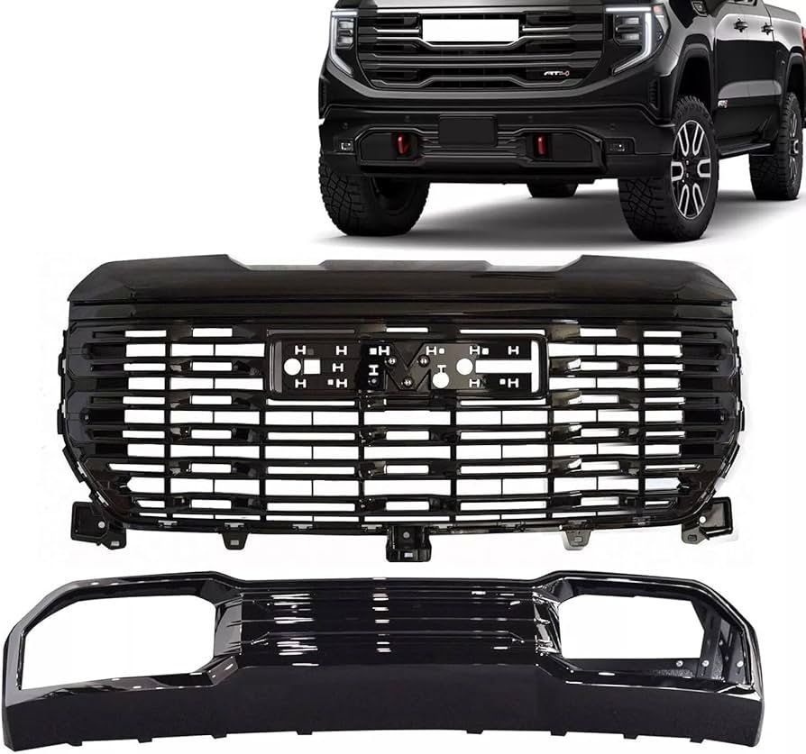 JX RACING Front Grille/Lower Open Skid Plate Valance Gloss Black Compatible with GMC Sierra 1-2024 for 5 9