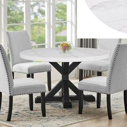 NEW 5pc Round Genuine Marble DINING Room SET Upholstered Chairs💥NO CREDIT NEEDED $10 Down