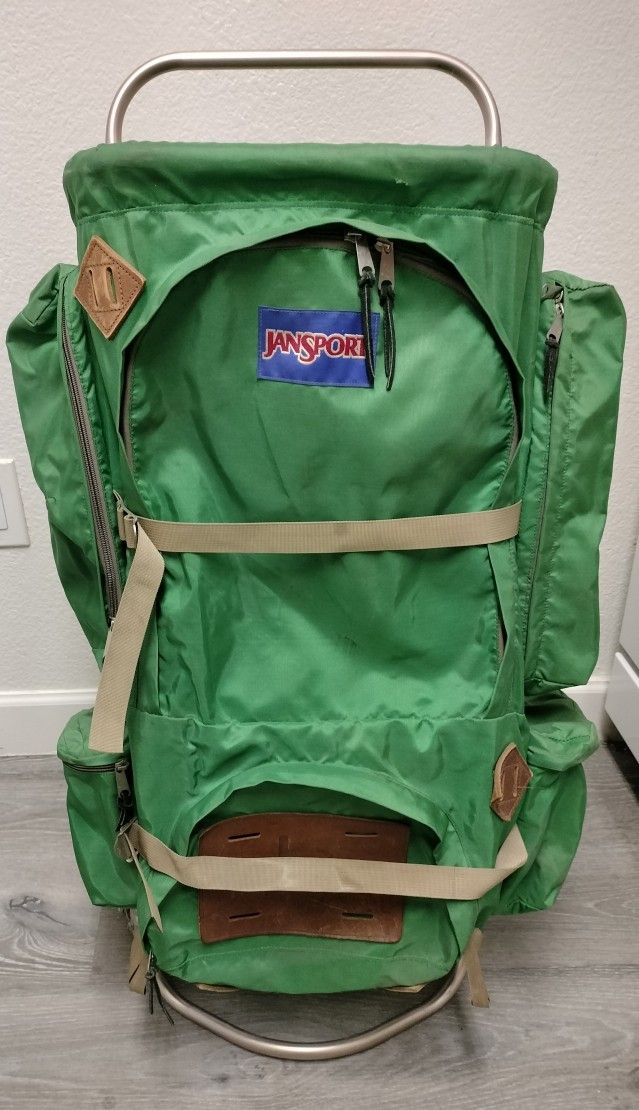 VTG Jansport Hiking Backpack Camping Leather Patch Metal Frame USA