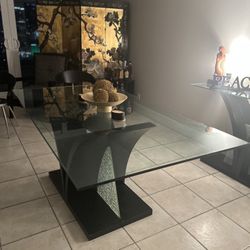 Moving Deal $135 Glass Table And Black Ebony Wood Base With Cracked Glass Affect
