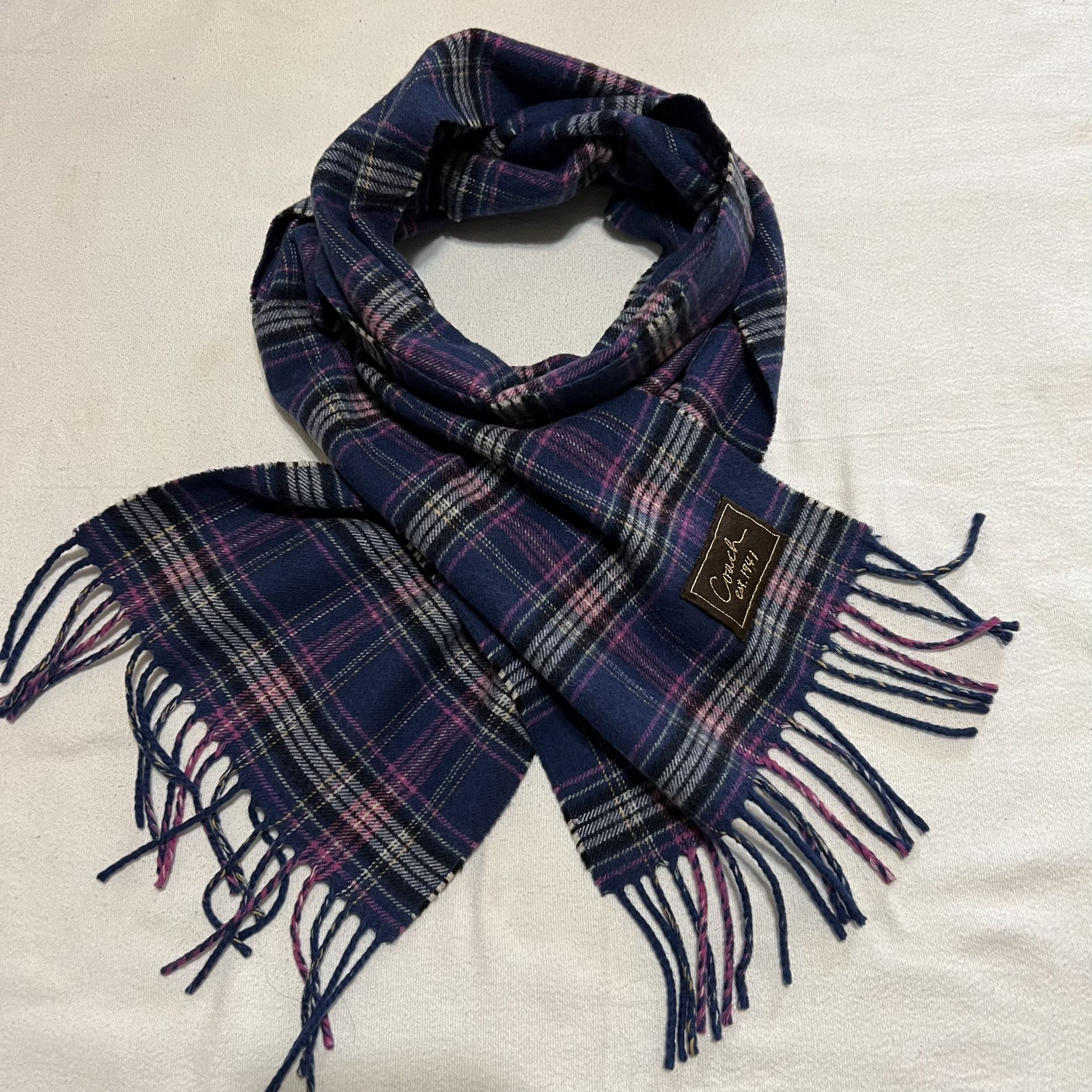 Coach Est 1941 Cashmere Wool Winter Scarf 64.5/8  Fringe Blue/Pink  Plaid Women’s