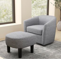New assembled Swivel Barrel Chair with Ottoman, Upholstered Armchair with Footrest, Removable Seat Cushion, Linen Fabric Club Reading Sofa Chairs, Mod