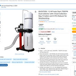 BUCKTOOL 1.2HP 750CFM Dust Collector – Excellent Condition