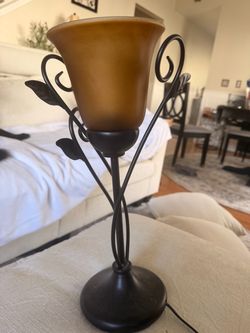 New! Amber Glass Table Lamp – Black Metal Scroll & Leaf Design