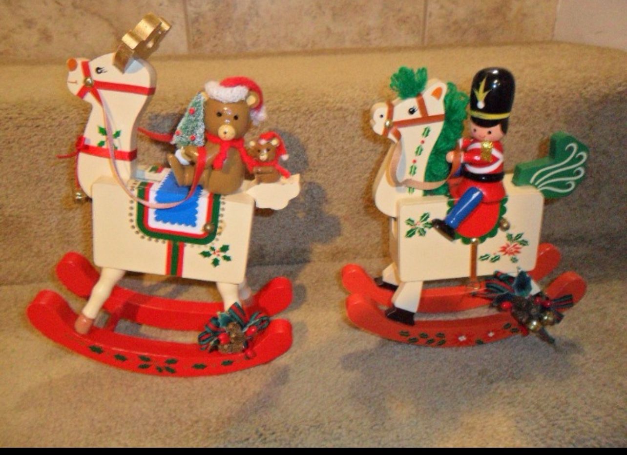 Enesco 80's Vintage Rocking horse music box nutcracker & teddy bear
