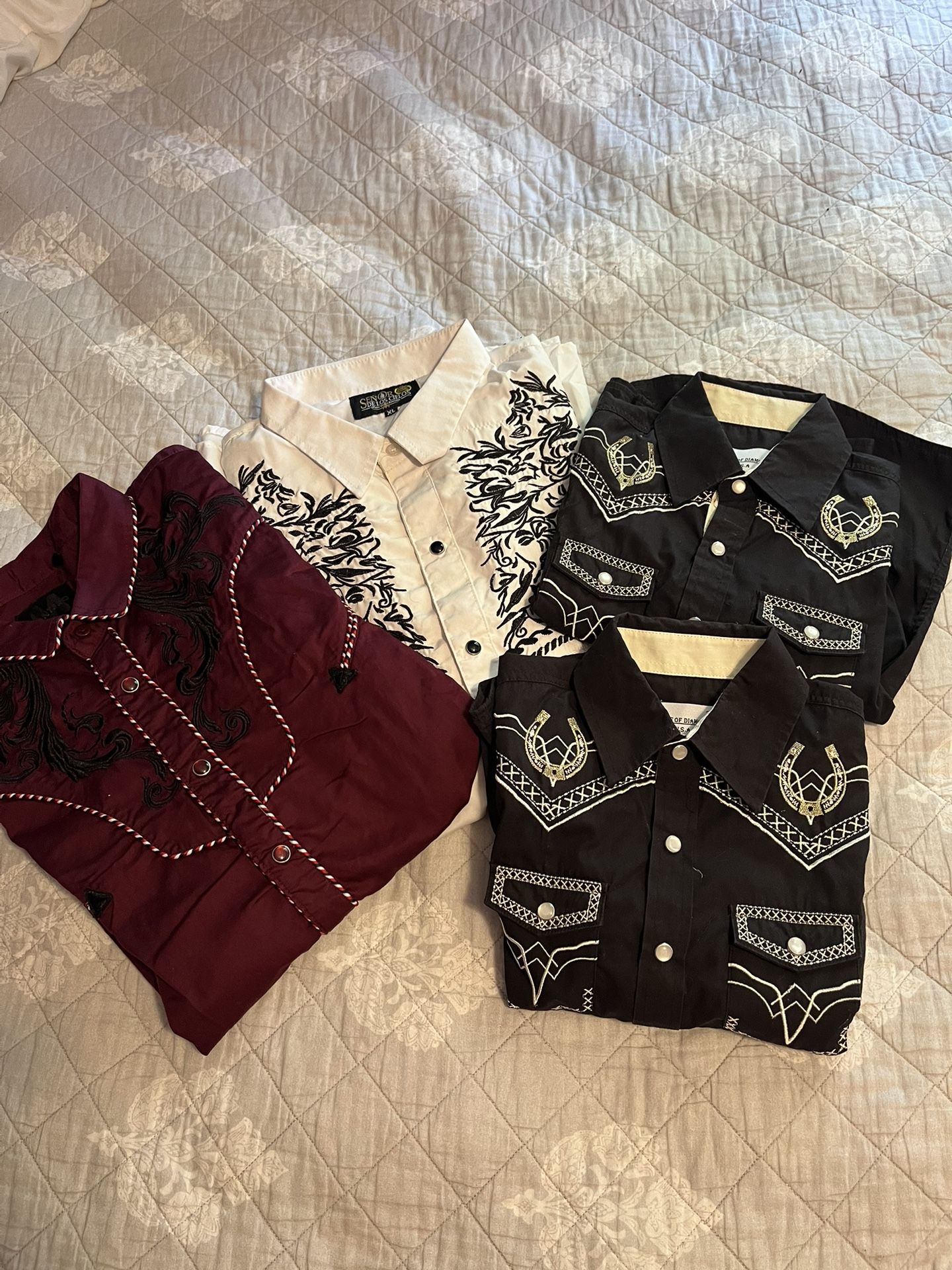 4 Western style Men Shirts, 2 Men Extra Large Size  2 Kids. Size. 5 and 6 Size  Men$ 25  each  Kid’s $15. Each 