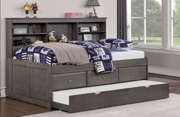 Brand New Grey Full Bed Frame w Twin Trundle Bed + Drawers