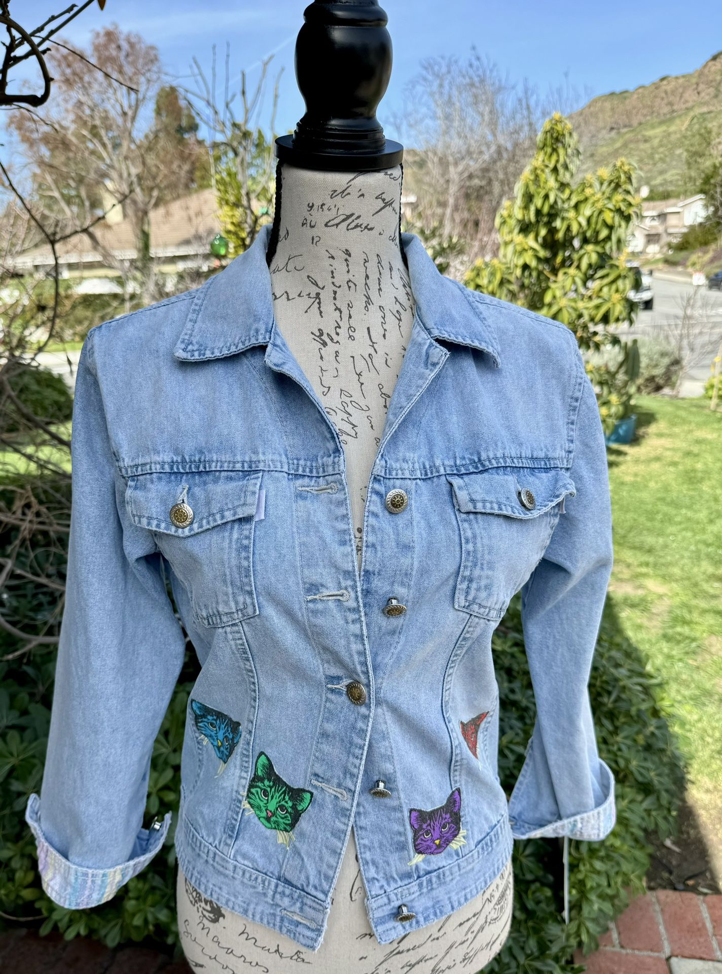 Women’s Denim Jacket Petite with Colorful Kitties and Multi Colored Cuffs