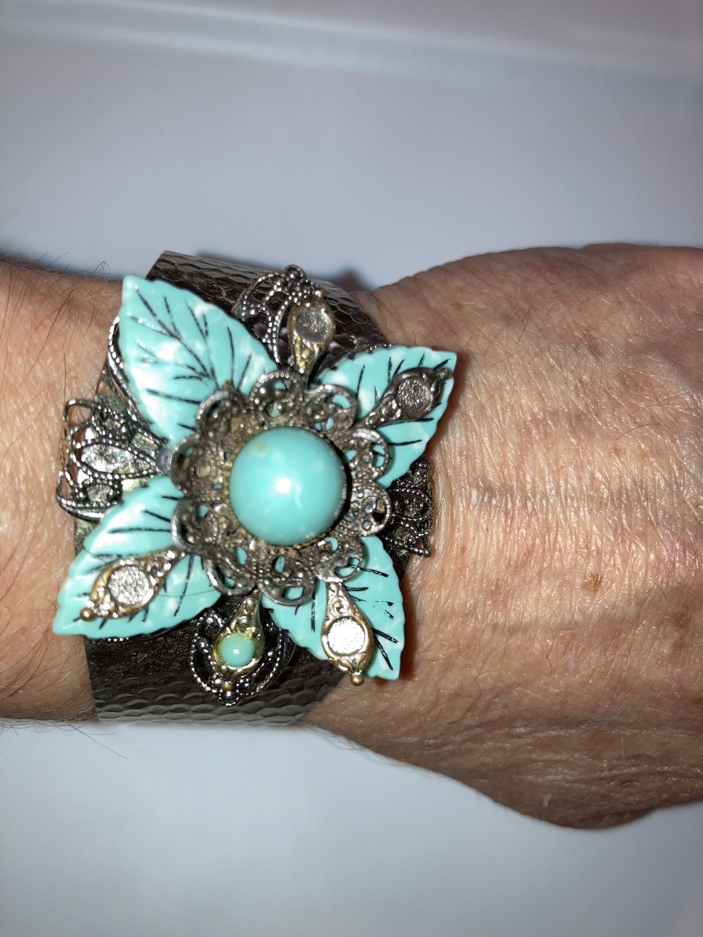 Gorgeous Handmade Vintage Sterling & Turquoise Large Cuff Bracelet Adjustable Unique 