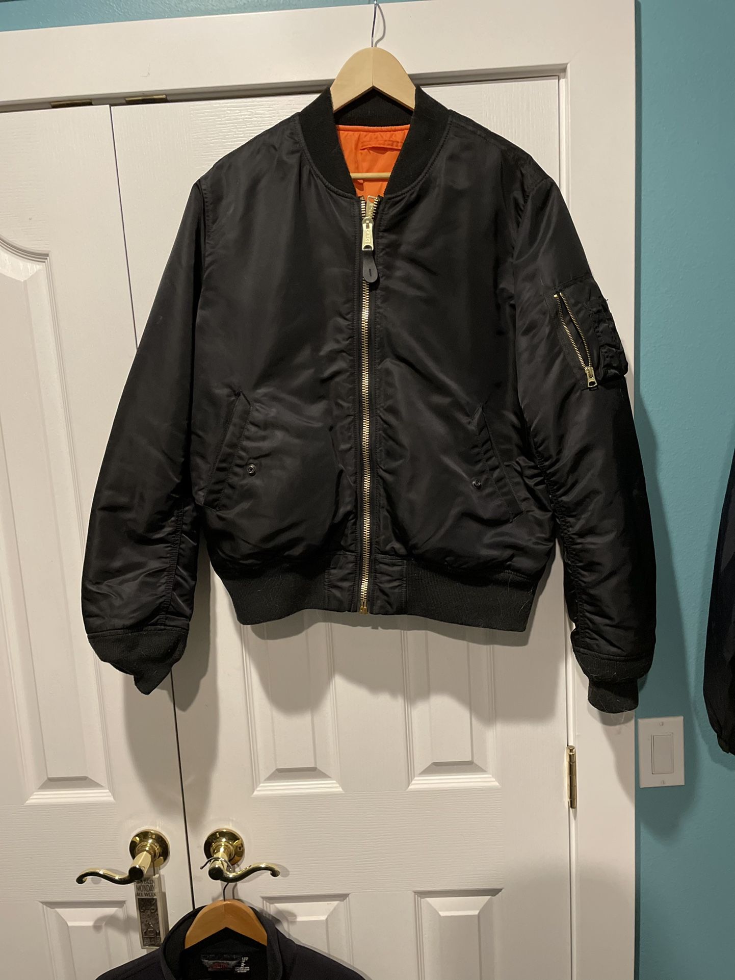 Bomber Jacket, Men, Large, Black, Gold Zippers, Orange Inside Lining