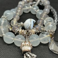 Gray & White Marble & Beaded 3 Bracelet Set w/ Grayish Clear 