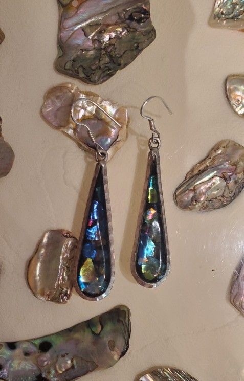 Vintage Sterling Silver Long Marquise Abalone Earrings 