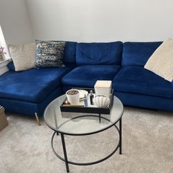 Blue Velvet Couch & Glass Coffee Table — FOR SALE