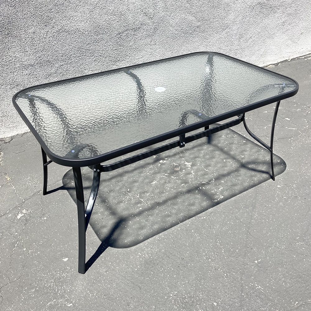 $80 New Rectangular Metal Patio Table 59x36x28” Tempered Glass with Umbrella Hole