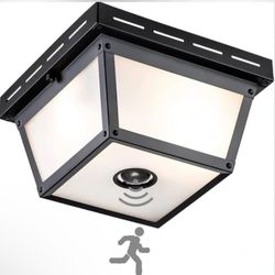 2-Light Motion Sensor Ceiling Light Fixture Outdoor Flush Mount Light Porch Lights Ceiling Mount Black with Textured Glass 