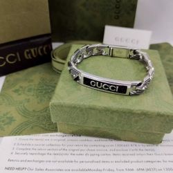 GUCCI Engraved Chain Enamel Bracelet Couple Cuban Stripes