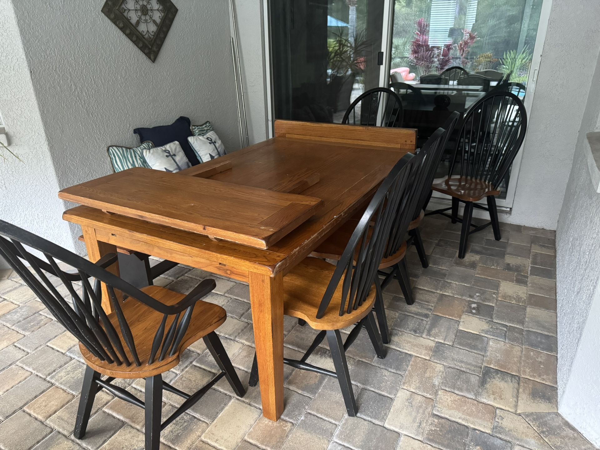 Solid Wood Dining Table w/ 6 Chairs + Bench