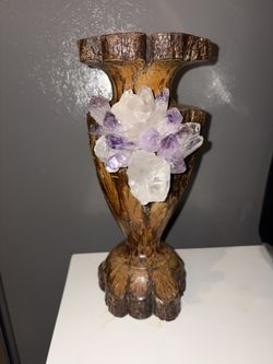 Vintage Wooden Vase With Large Amethyst Cluster