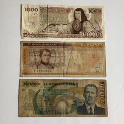Mexico 10,000 , 5,000 , 1,000 Old Bills / Billetes Antiguos De Mexico