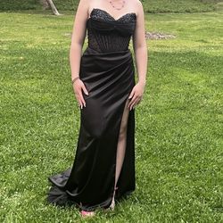 Black Corset Silk Slit Prom Dress