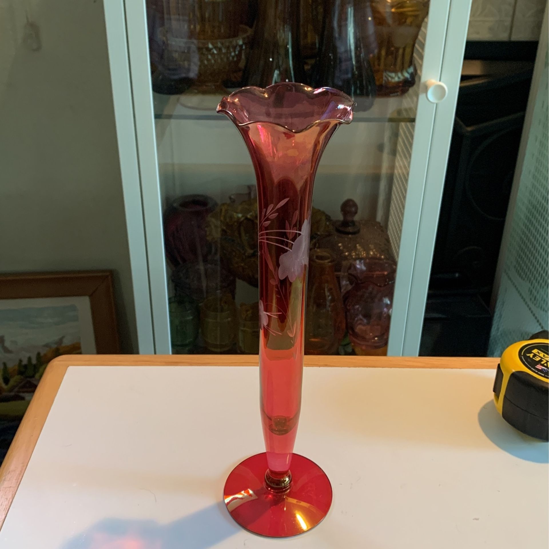 Vintage Cranberry Colored Etched Floral Ruffled Vase