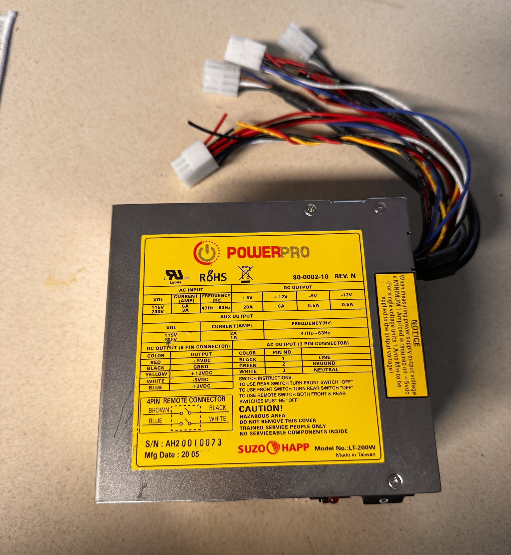 Suzo Happ Power Pro 200 watt 20 Amp Switching Power Supply Arcade 8 Liner