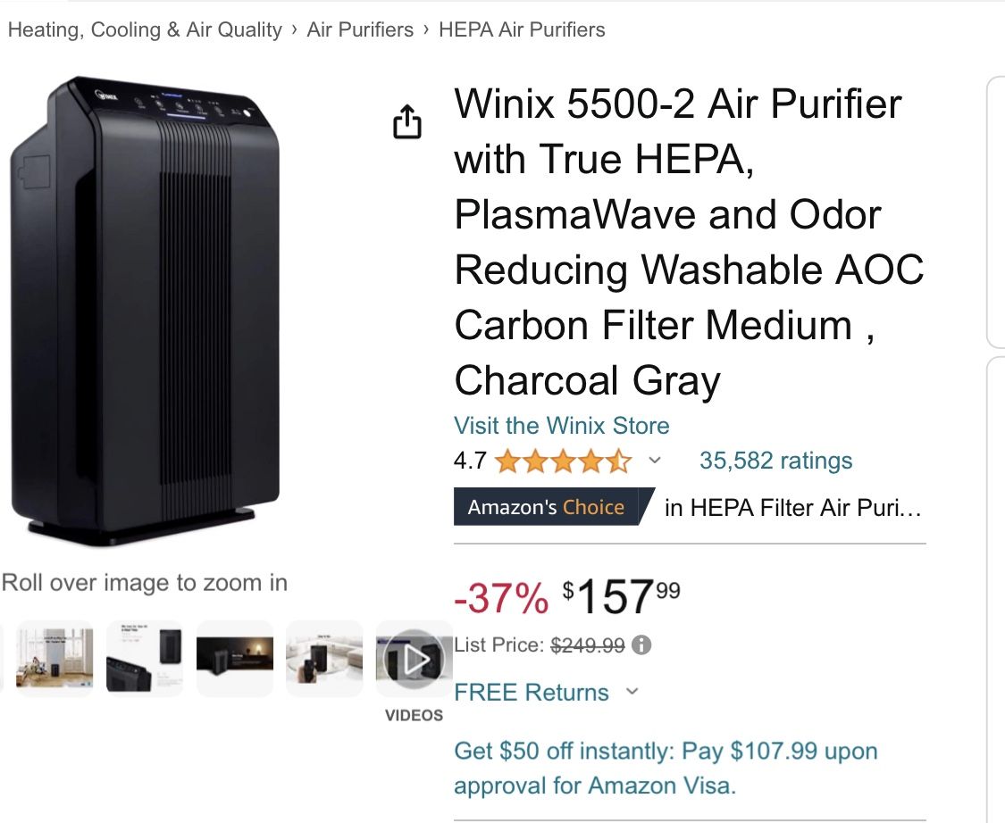 Winix 5500-2 Air Purifier with True HEPA, PlasmaWave and Odor Reducing Washable AOC Carbon Filter Medium , Charcoal Gray